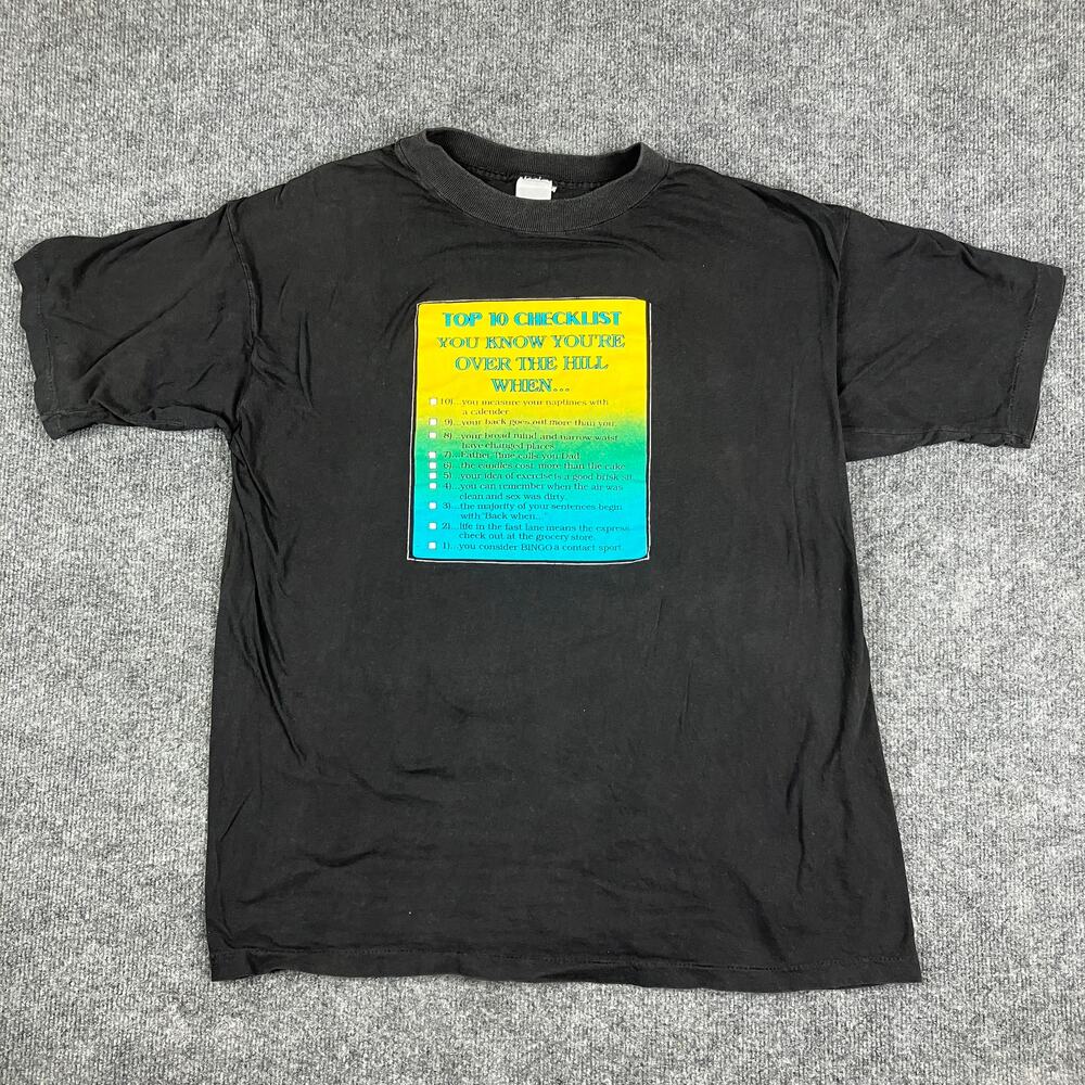 Vintage T-Shirt Men's Size L Black Top 10 Checklist Over The Hill Graphic